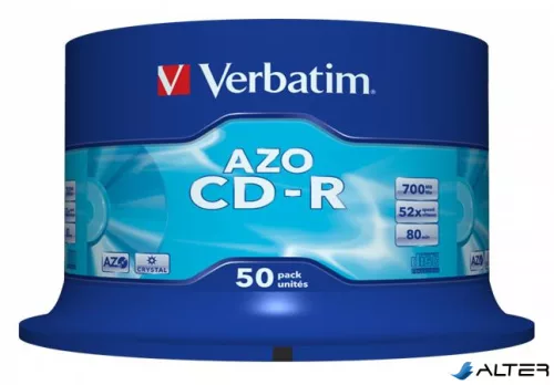 CD-R lemez, Crystal bevonat, AZO, 700MB, 52x, 50 db, hengeren VERBATIM "DataLife Plus"