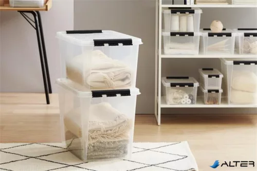 Műanyag tárolódoboz, 47 liter, fekete fogantyúkkal, SMARTSTORE "Classic 45", átlátszó