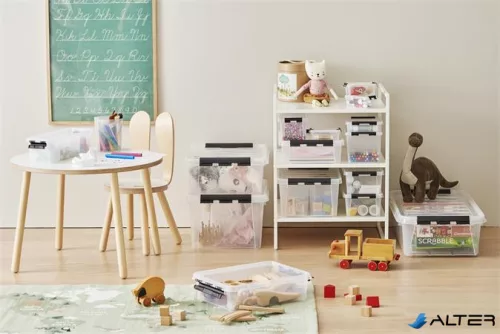 Műanyag tárolódoboz, fekete fogantyúkkal, 4 rekeszes, SMARTSTORE "Classic 4", átlátszó
