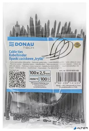 Kábelkötegelő, gyorskötöző, 2,5x100mm, DONAU "Tech", fekete