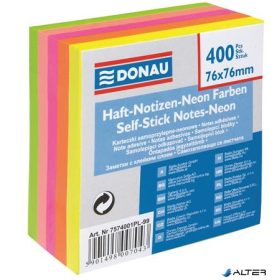   Öntapadó jegyzettömb, 76x76mm, 400lap, DONAU, vegyes neon színek