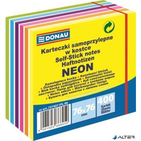   Öntapadó jegyzettömb, 76x76mm, 400 lap, DONAU, fehér és neon színek