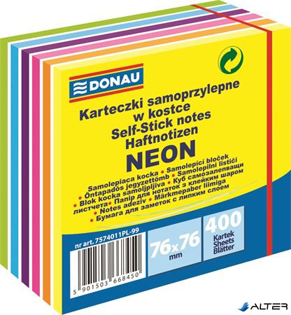 Öntapadó jegyzettömb, 76x76mm, 400 lap, DONAU, fehér és neon színek