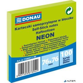   Öntapadó jegyzettömb, 76x76 mm, 100 lap, DONAU, neon zöld