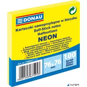  Öntapadó jegyzettömb, 76x76 mm, 100 lap, DONAU, neon sárga
