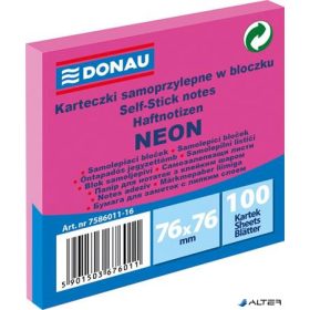   Öntapadó jegyzettömb, 76x76 mm, 100 lap, DONAU, neon rózsaszín
