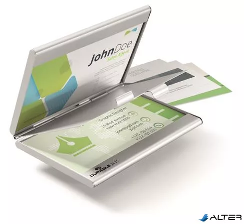 Névjegykártyatartó tárca, fém, 20 db-os, DURABLE "CARD BOX DUO", ezüst