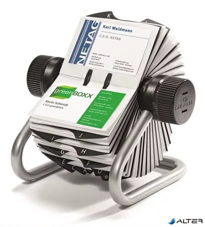 Névjegykártyatartó, fém, 400 db-os, forgatható, fekvő, DURABLE, "VISIFIX®", ezüst