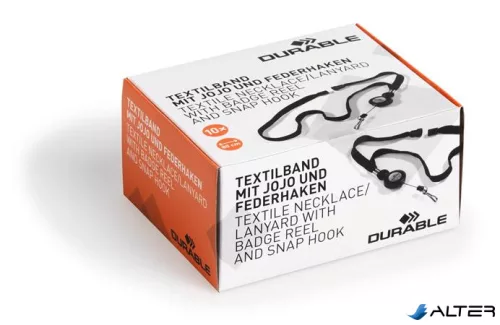 Azonosítókártya-tartó, kihúzható, karabineres, fekete nyakba akasztóval, DURABLE