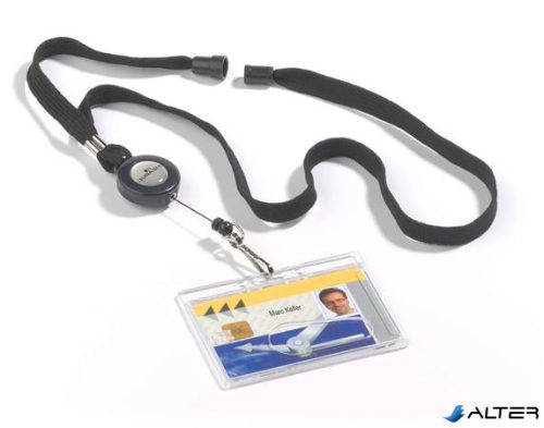 Azonosítókártya-tartó, kihúzható, karabineres, fekete nyakba akasztóval, DURABLE