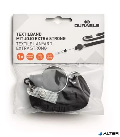 Azonosítókártya-tartó, kihúzható, patentos, nyakbaakasztóval, DURABLE 'Extra Strong', fekete