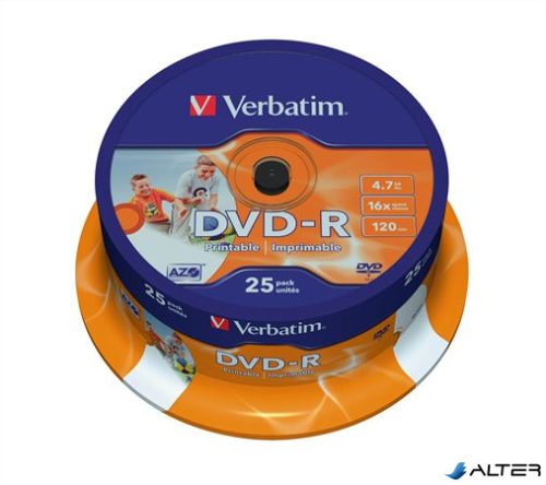 DVD-R lemez, nyomtatható, matt, ID, 4,7GB, 16x, 25 db, hengeren, VERBATIM