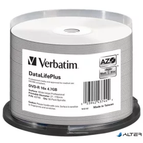   DVD-R lemez, nyomtatható, matt, no-ID, 4,7GB, 16x, 50 db, hengeren, VERBATIM