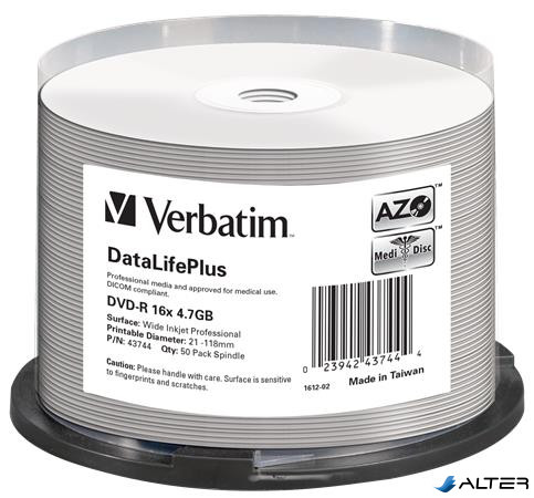DVD-R lemez, nyomtatható, matt, no-ID, 4,7GB, 16x, 50 db, hengeren, VERBATIM