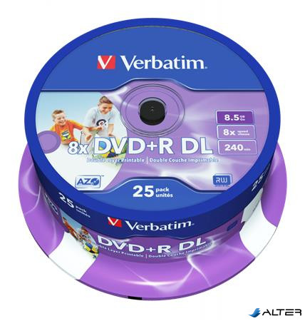 DVD+R lemez, kétrétegű, nyomtatható, no-ID, 8,5GB, 8x, 25 db, hengeren, VERBATIM 'Double Layer'