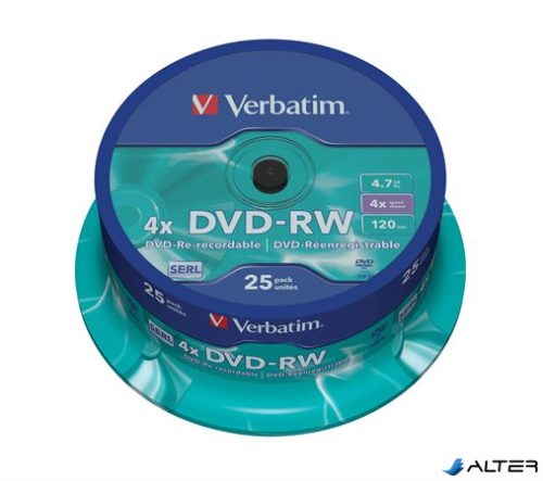 DVD-RW lemez, újraírható, 4,7GB, 4x, 25 db, hengeren, VERBATIM