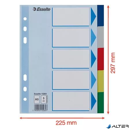 Regiszter, műanyag, A5, 5 részes, ESSELTE, színes
