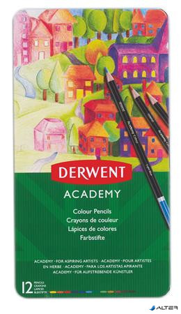 Színes ceruza készlet, fém doboz, DERWENT 'Academy', 12 különböző szín