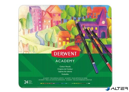 Színes ceruza készlet, fém doboz, DERWENT "Academy", 24 különböző szín
