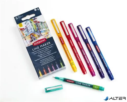 Tűfilc készlet, 0,3 mm, DERWENT 'Line Marker', 6 különböző szín