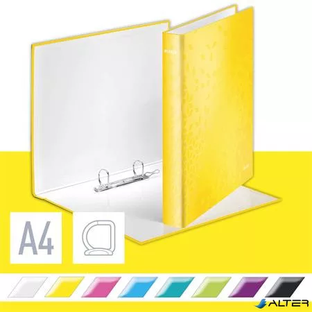 Gyűrűs könyv, 2 gyűrű, D alakú, 40 mm, A4 Maxi, karton, LEITZ 'Wow', sárga