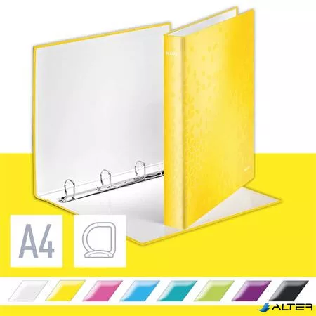 Gyűrűs könyv, 4 gyűrű, D alakú, 40 mm, A4 Maxi, karton, LEITZ "Wow", sárga