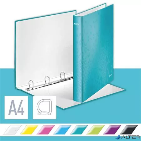 Gyűrűs könyv, 4 gyűrű, D alakú, 40 mm, A4 Maxi, karton, LEITZ "Wow", jégkék