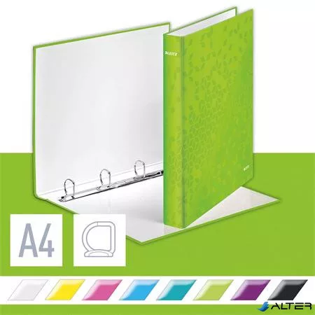 Gyűrűs könyv, 4 gyűrű, D alakú, 40 mm, A4 Maxi, karton, LEITZ "Wow", zöld