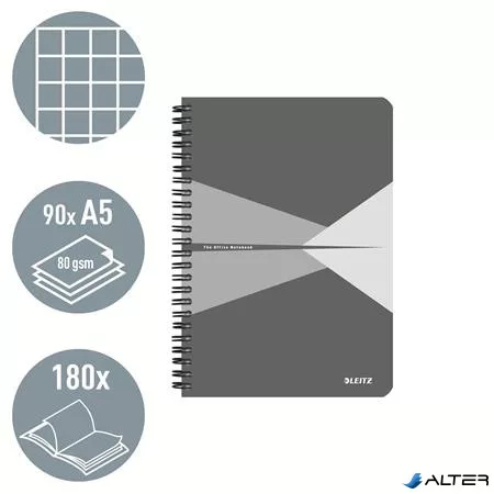 Spirálfüzet, A5, kockás, 90 lap, laminált karton borító, LEITZ "Office", szürke