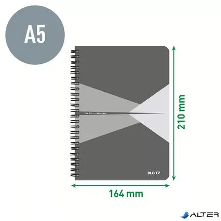 Spirálfüzet, A5, kockás, 90 lap, laminált karton borító, LEITZ "Office", szürke
