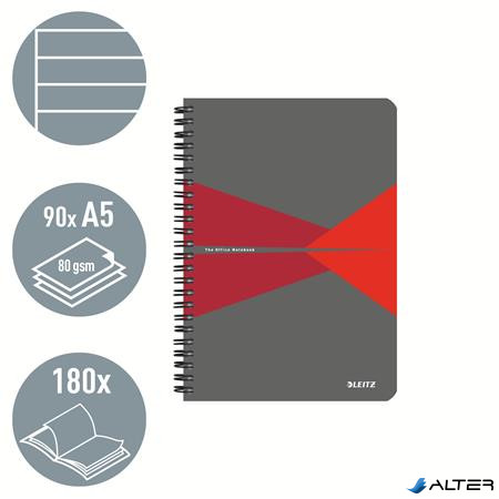 Spirálfüzet, A5, vonalas, 90 lap, laminált karton borító, LEITZ "Office", szürke-piros