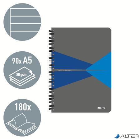 Spirálfüzet, A5, vonalas, 90 lap, laminált karton borító, LEITZ "Office", szürke-kék