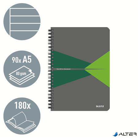 Spirálfüzet, A5, vonalas, 90 lap, laminált karton borító, LEITZ "Office", szürke-zöld