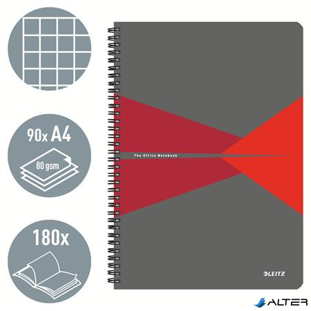 Spirálfüzet, A4, kockás, 90 lap, PP borító, LEITZ "Office", szürke-piros