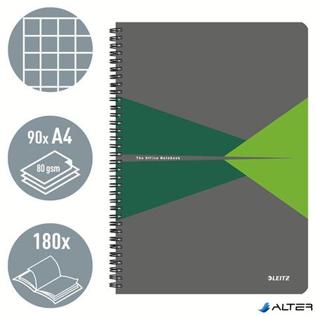 Spirálfüzet, A4, kockás, 90 lap, PP borító, LEITZ "Office", szürke-zöld