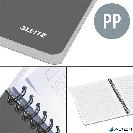Spirálfüzet, A4, kockás, 90 lap, PP borító, LEITZ "Office", szürke-zöld