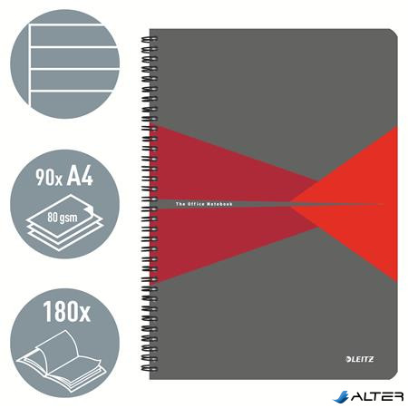 Spirálfüzet, A4, vonalas, 90 lap, PP borító, LEITZ "Office", szürke-piros
