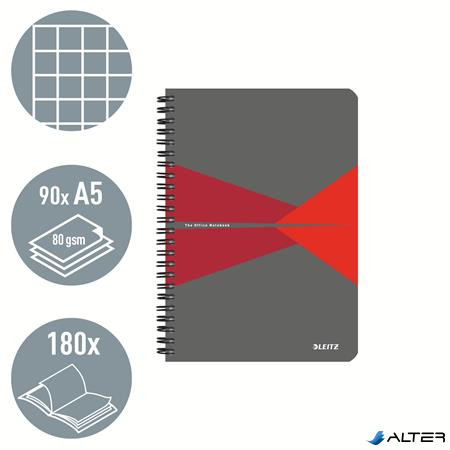 Spirálfüzet, A5, kockás, 90 lap, PP borító, LEITZ "Office", szürke-piros