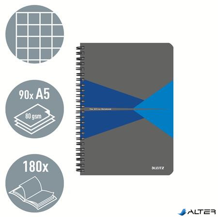 Spirálfüzet, A5, kockás, 90 lap, PP borító, LEITZ "Office", szürke-kék