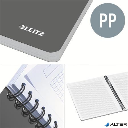 Spirálfüzet, A5, kockás, 90 lap, PP borító, LEITZ "Office", szürke-kék
