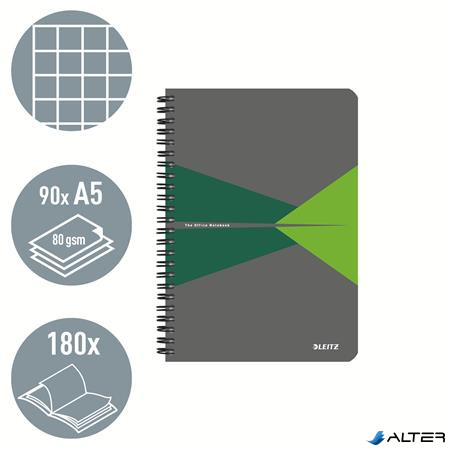 Spirálfüzet, A5, kockás, 90 lap, PP borító, LEITZ "Office", szürke-zöld