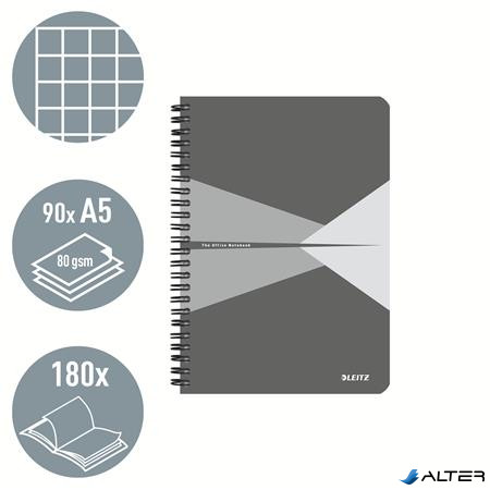 Spirálfüzet, A5, kockás, 90 lap, PP borító, LEITZ "Office", szürke