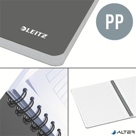 Spirálfüzet, A5, vonalas, 90 lap, PP borító, LEITZ "Office", szürke-piros