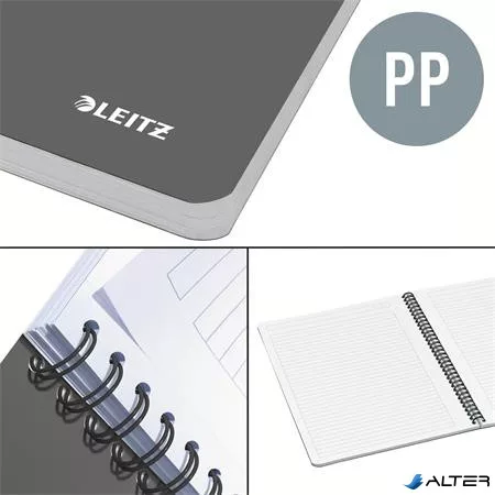 Spirálfüzet, A5, vonalas, 90 lap, PP borító, LEITZ "Office", szürke-piros