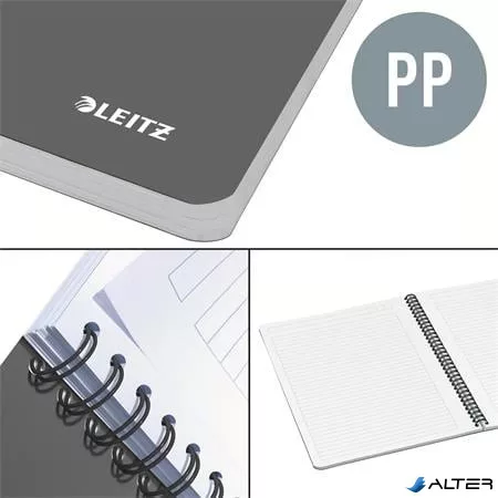 Spirálfüzet, A5, vonalas, 90 lap, PP borító, LEITZ "Office", szürke-kék
