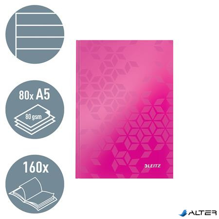 Beíró, A5, vonalas, 80 lap, keményfedeles, LEITZ "Wow", rózsaszín