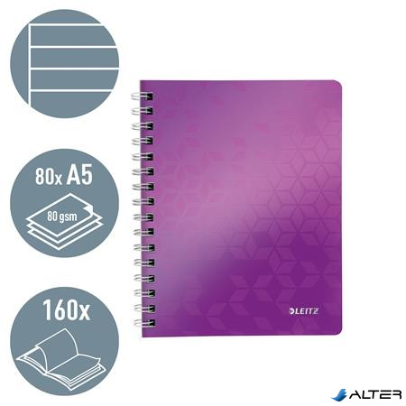 Spirálfüzet, A5, vonalas, 80 lap, LEITZ 'Wow', lila
