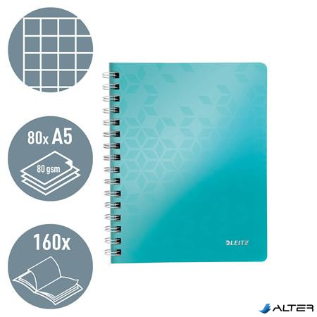 Spirálfüzet, A5, kockás, 80 lap, LEITZ 'Wow', jégkék