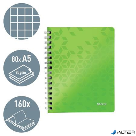 Spirálfüzet, A5, kockás, 80 lap, LEITZ "Wow", zöld