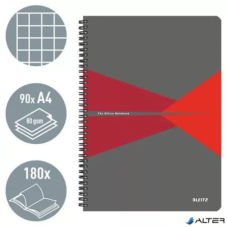 Spirálfüzet, A4, kockás, 90 lap, laminált karton borító, LEITZ "Office", szürke-piros